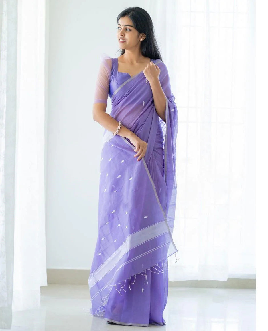 Excellent Lavendor Cotton Silk Saree With Woebegone Blouse Piece
