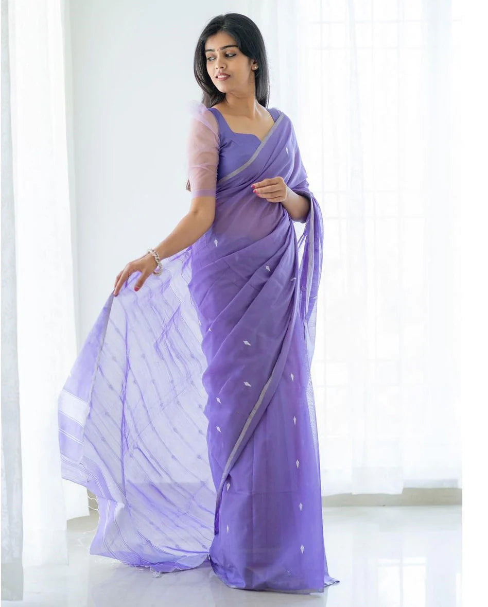 Excellent Lavendor Cotton Silk Saree With Woebegone Blouse Piece