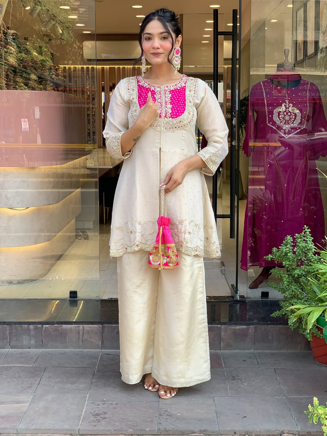 Elegant Cream & Pink Glass Tissue Suit Set