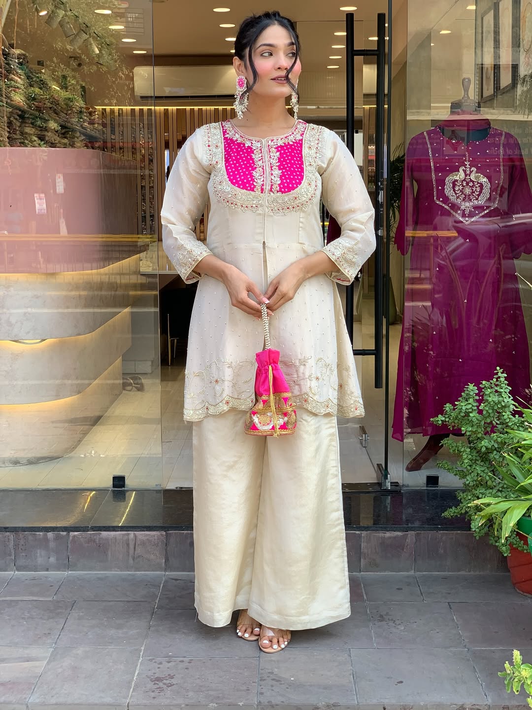 Elegant Cream & Pink Glass Tissue Suit Set