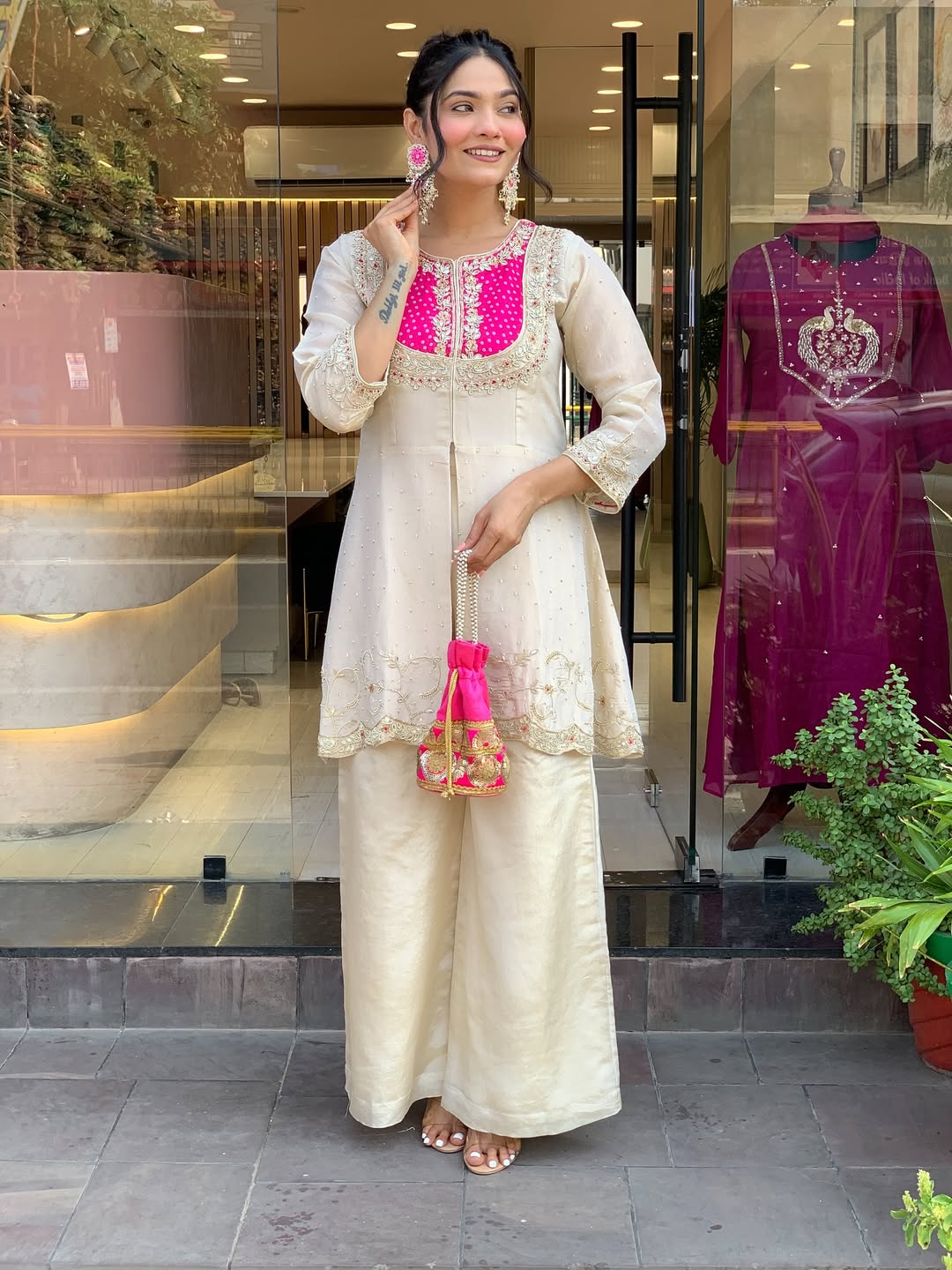 Elegant Cream & Pink Glass Tissue Suit Set