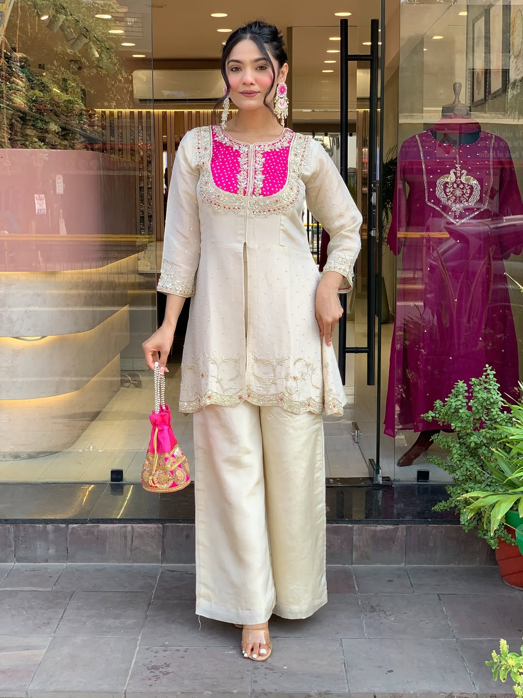 Elegant Cream & Pink Glass Tissue Suit Set
