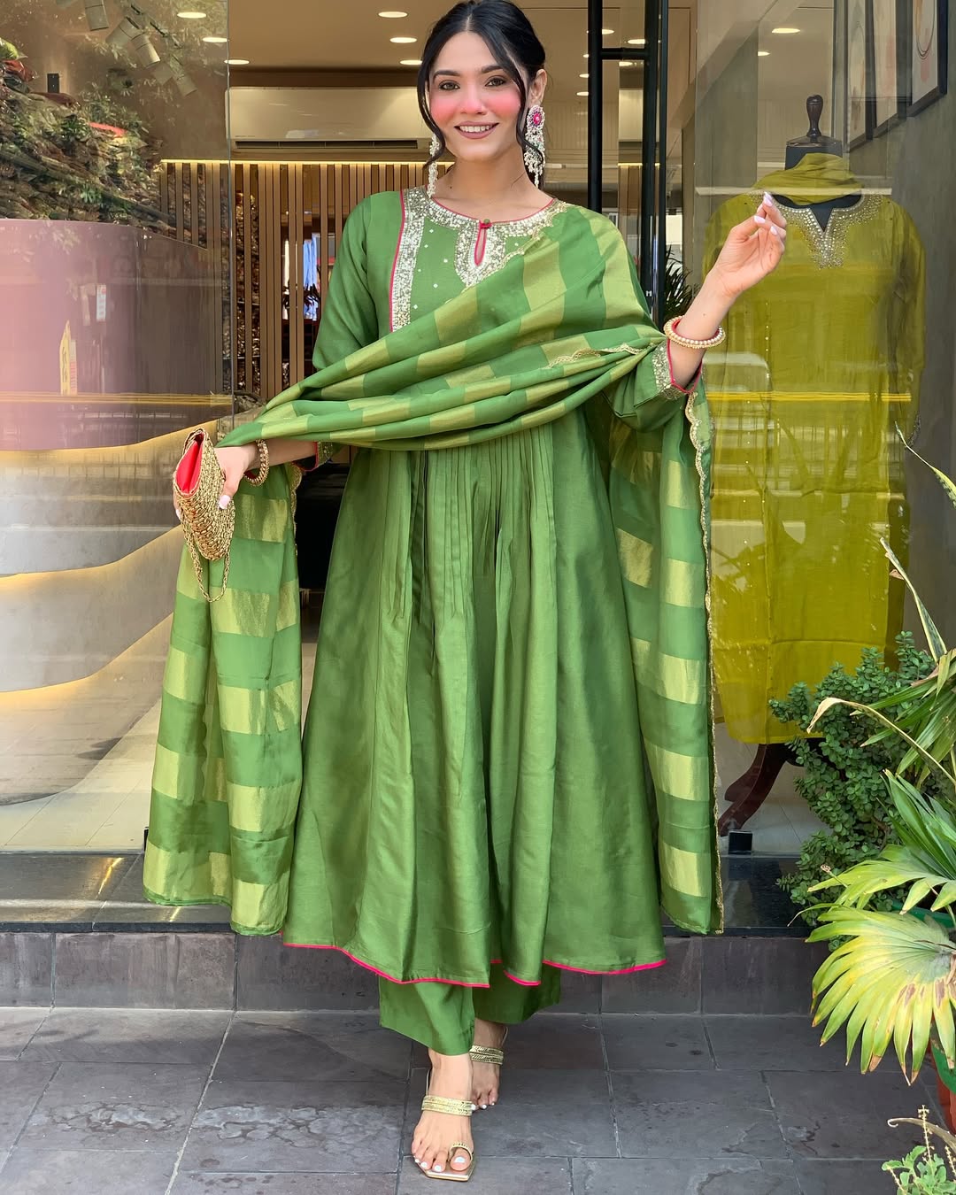 Green Silk Anarkali Kurta Set with Striped Dupatta
