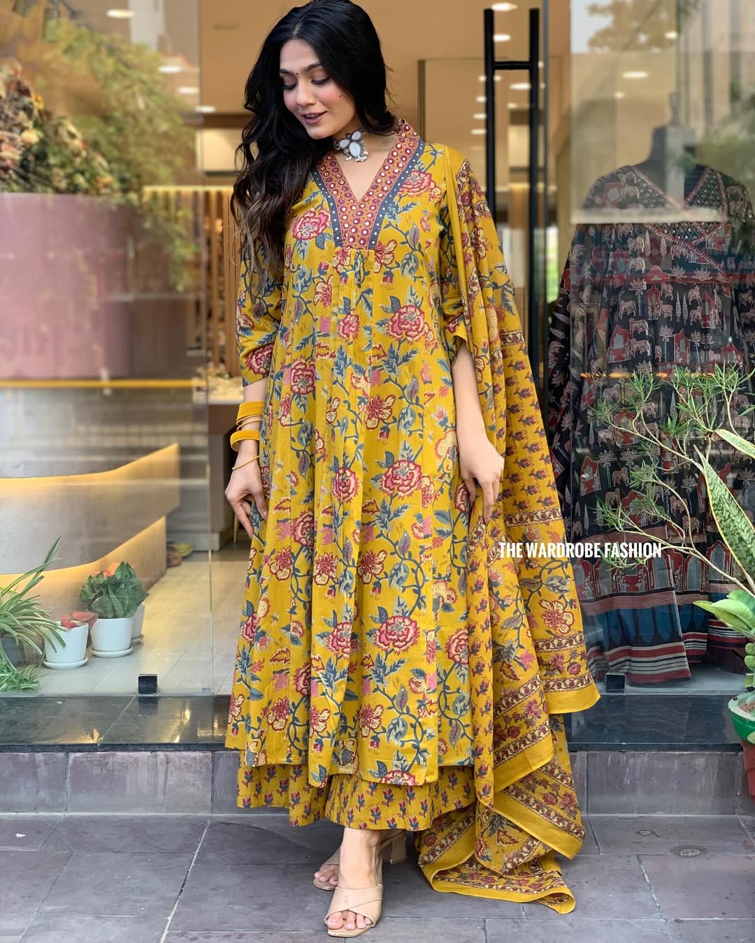 Women's Printed Cotton Anarkali Kurta & Pant With Dupatta Set