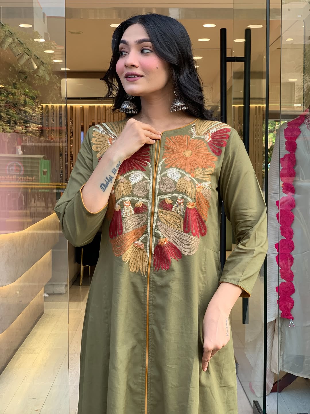 Premium Mehandi Floral Kurta Set with Dupatta