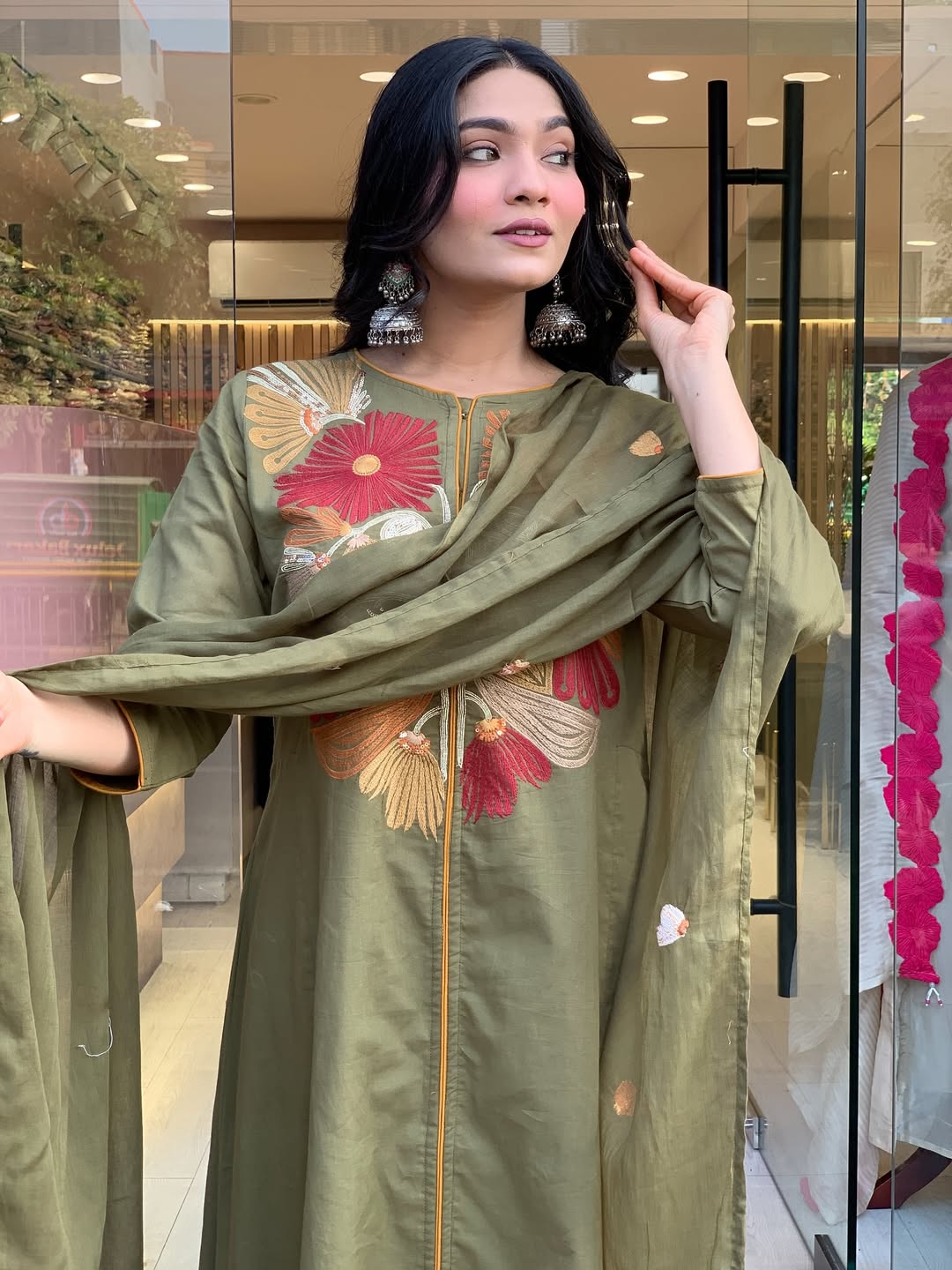 Premium Mehandi Floral Kurta Set with Dupatta
