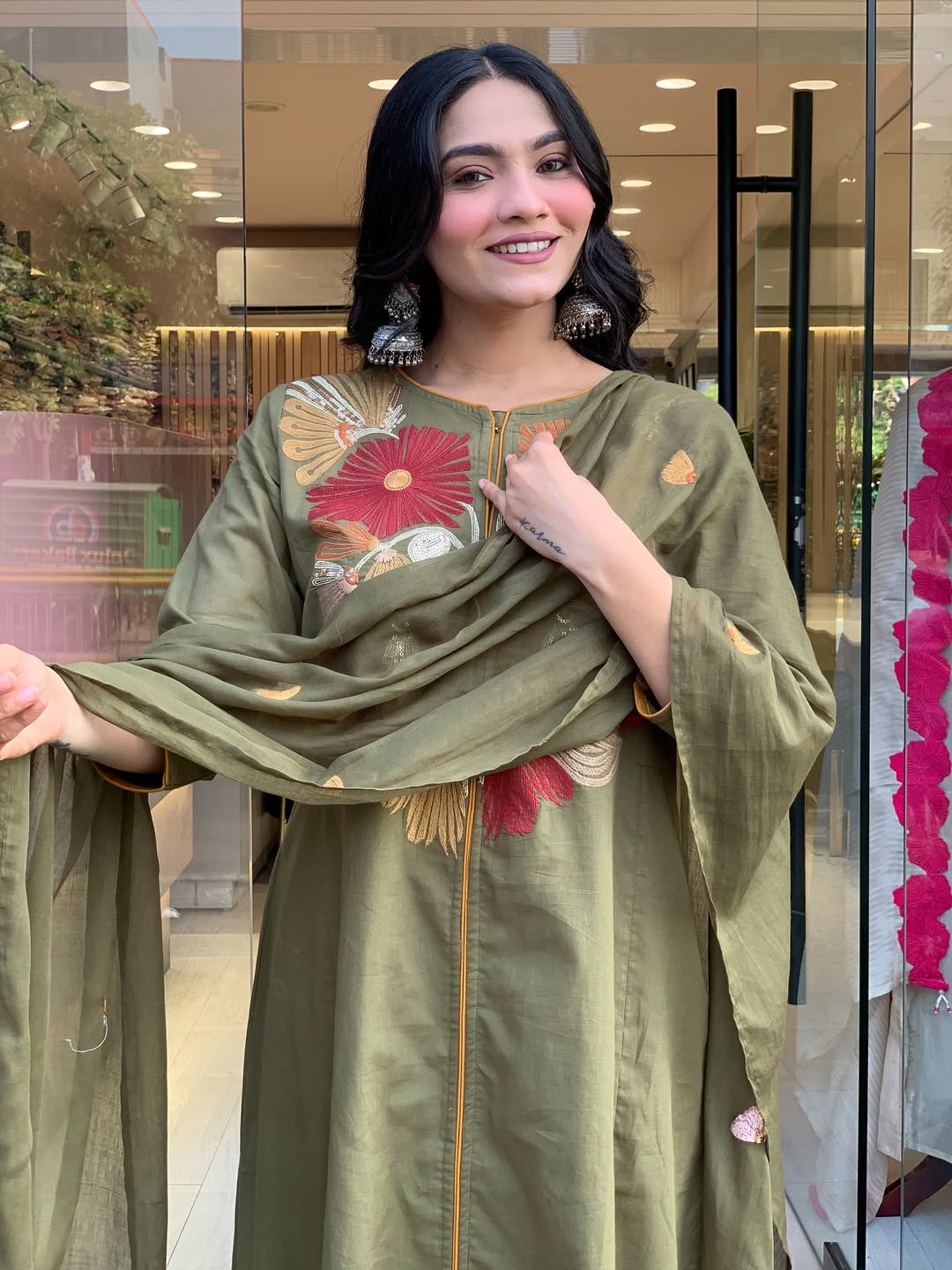 Premium Mehandi Floral Kurta Set with Dupatta