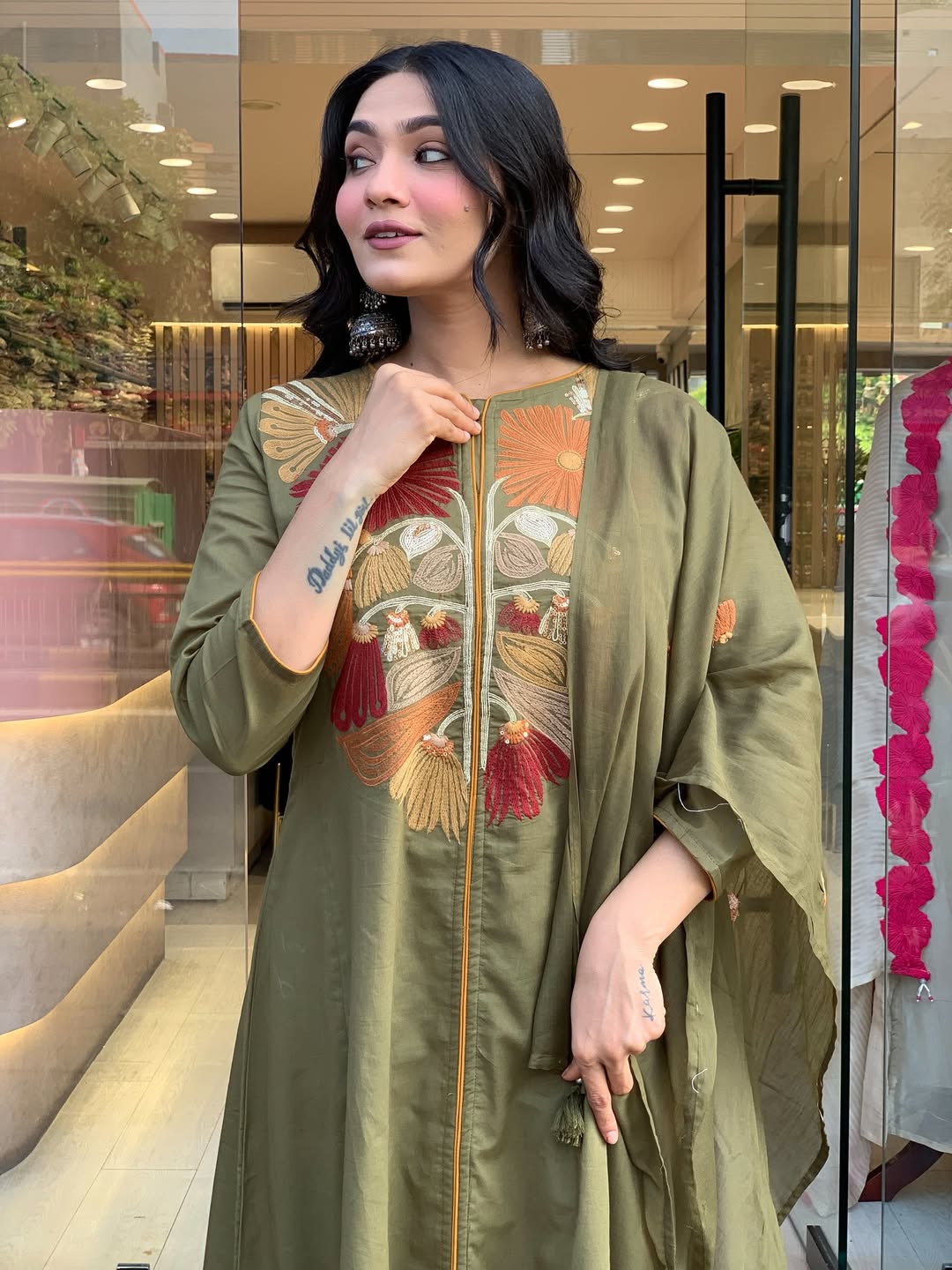 Premium Mehandi Floral Kurta Set with Dupatta