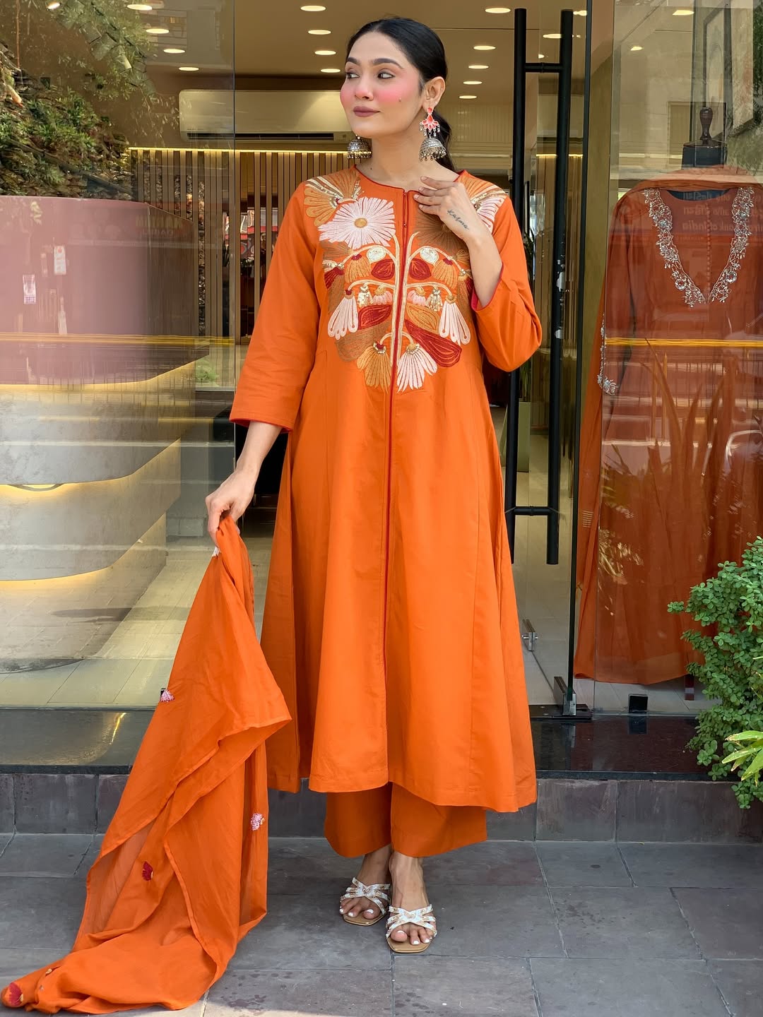 Premium Rust Orange Floral Embroidered Kurta Set with Dupatta