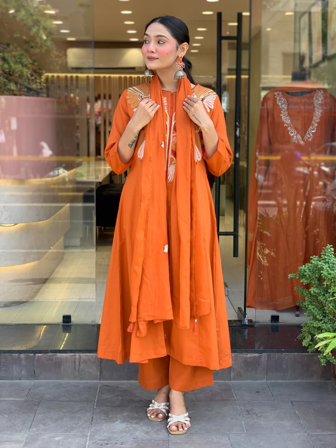 Premium Rust Orange Floral Embroidered Kurta Set with Dupatta
