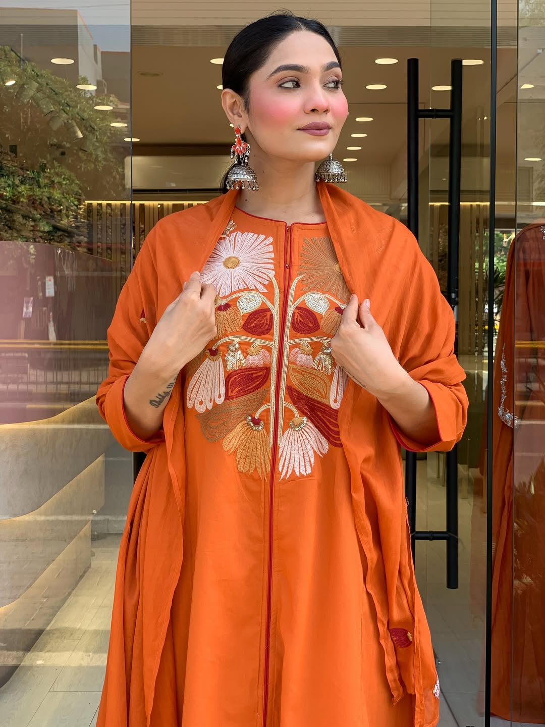 Premium Rust Orange Floral Embroidered Kurta Set with Dupatta