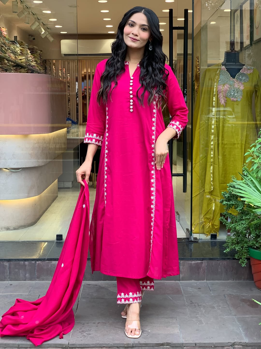 Hot Pink Mul Cotton Embroidered Kurta Set with Dupatta