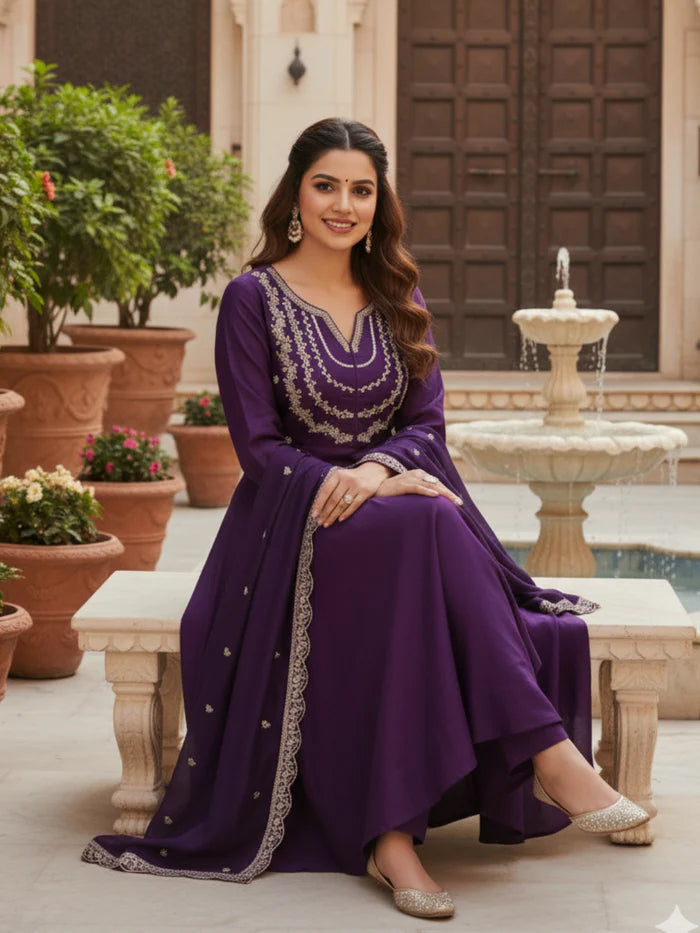 Elegant Purple Embroidered Kurta Set with Dupatta for Women