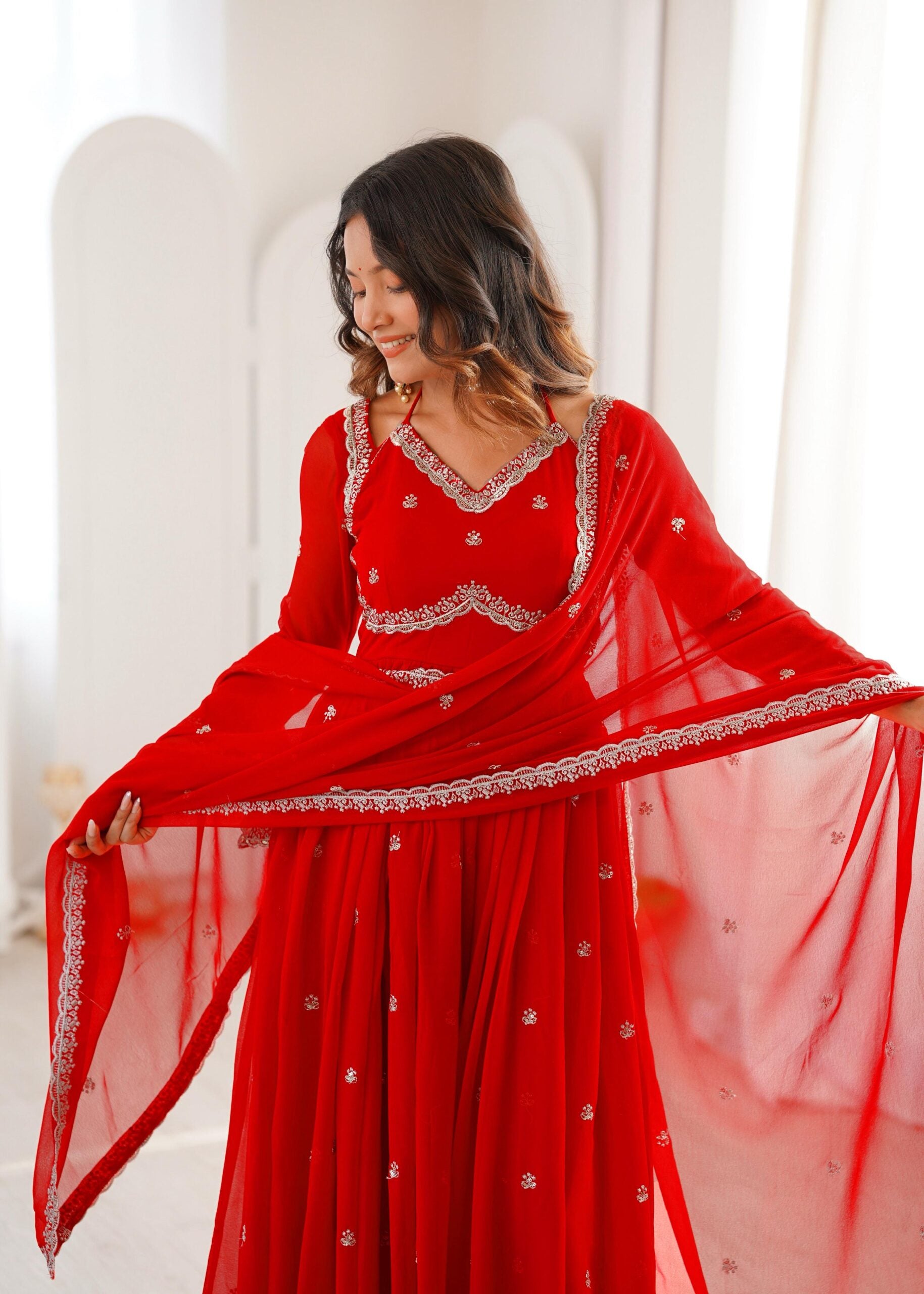 Red Embroidered Anarkali Suit Set with Dupatta