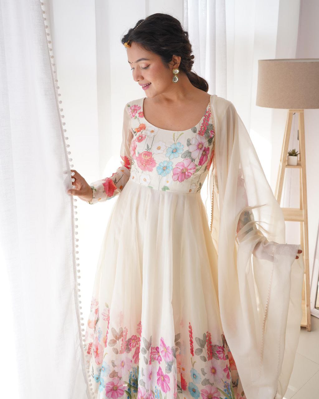 Cream Flower Printed Anarkali Gown With Pant & Dupatta Set
