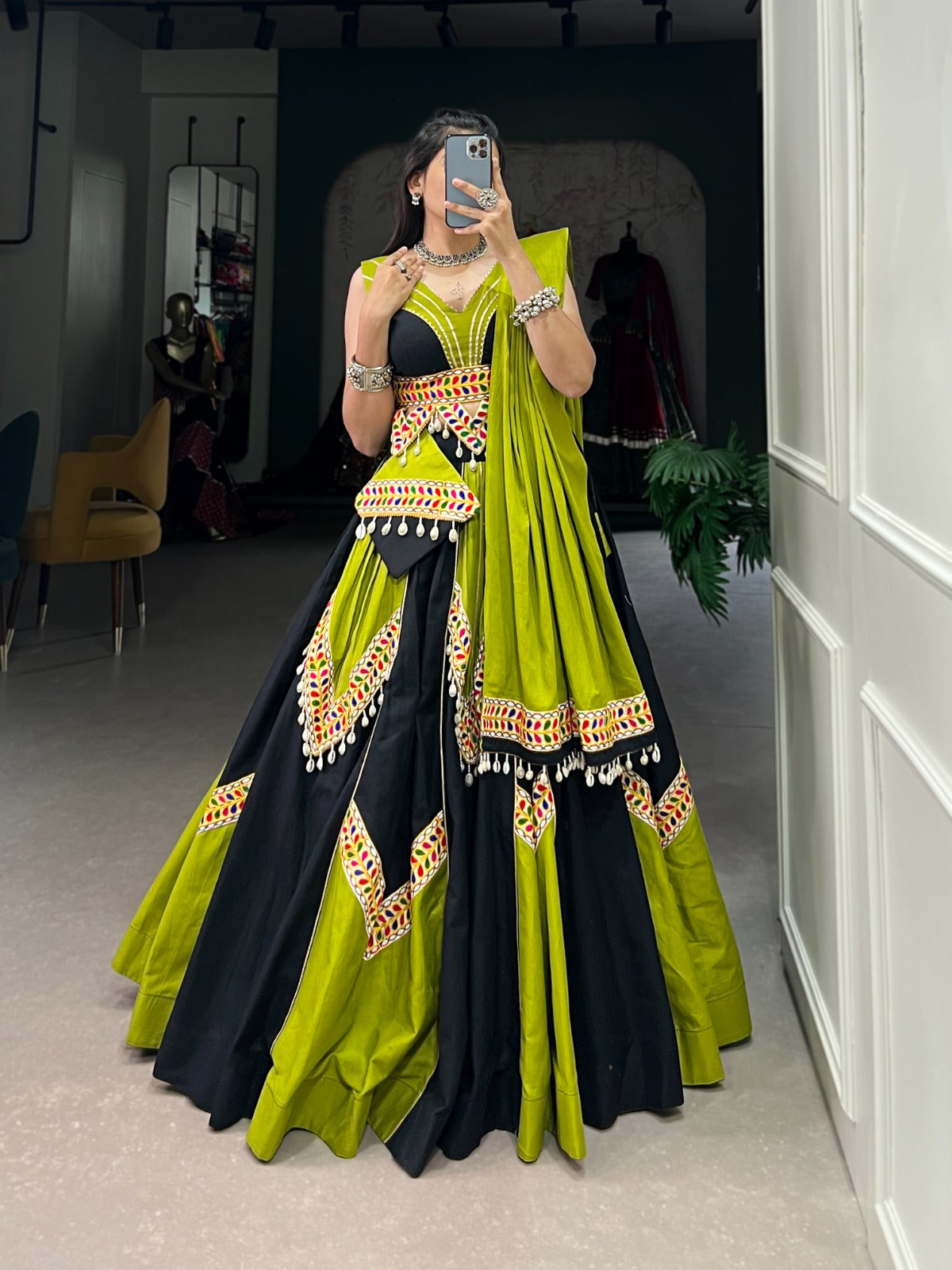 Stunning Green Gamthi Work Cotton Navaratri Lehenga Choli