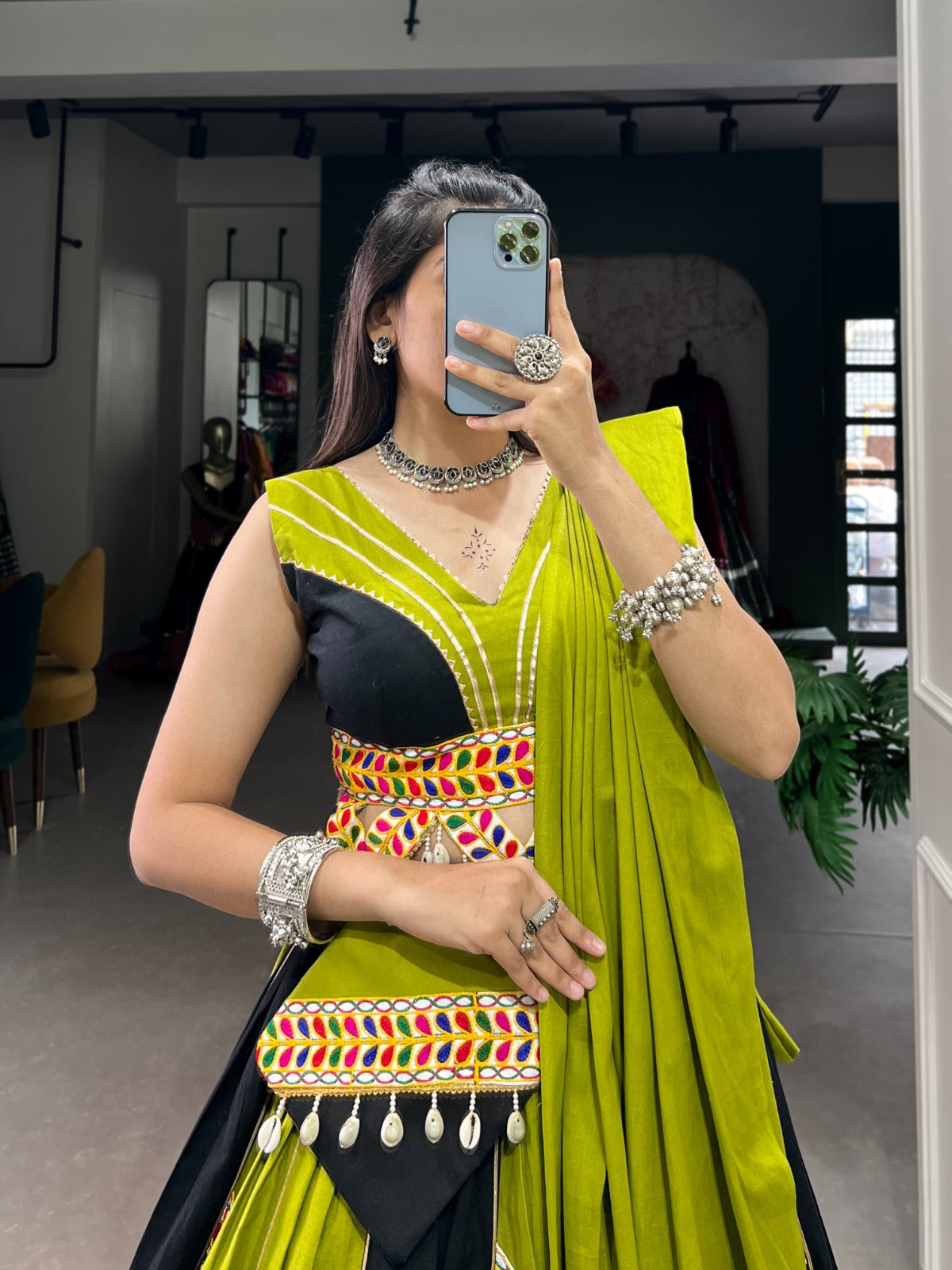 Stunning Green Gamthi Work Cotton Navaratri Lehenga Choli