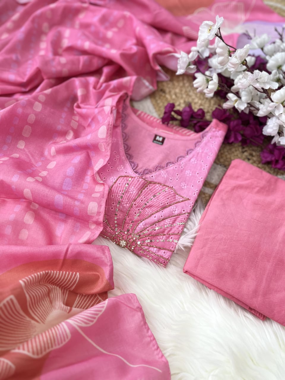 pink Schiffli Handwork Linen Suit