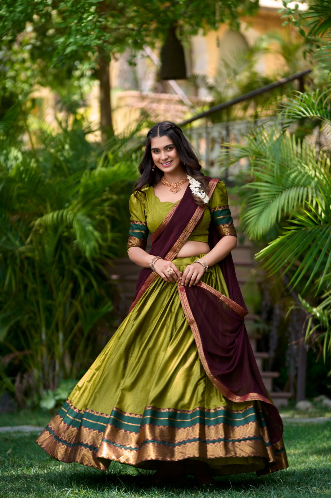 Morpich Zari Woven Cotton Lehenga Choli