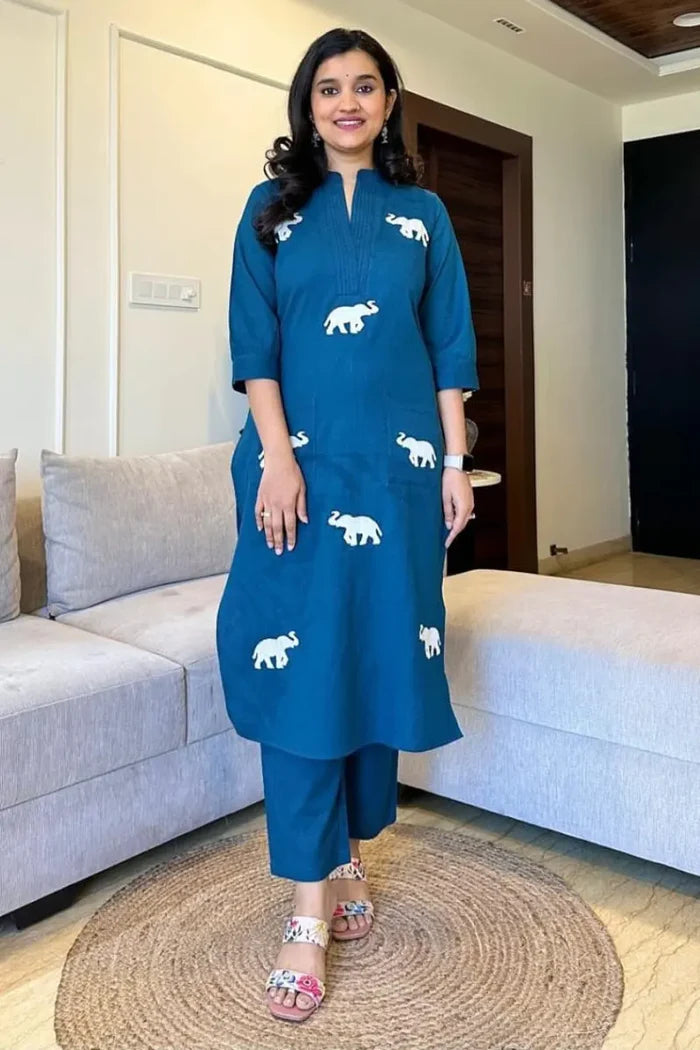 Blue Elephant Embroidered Kurta with Pant
