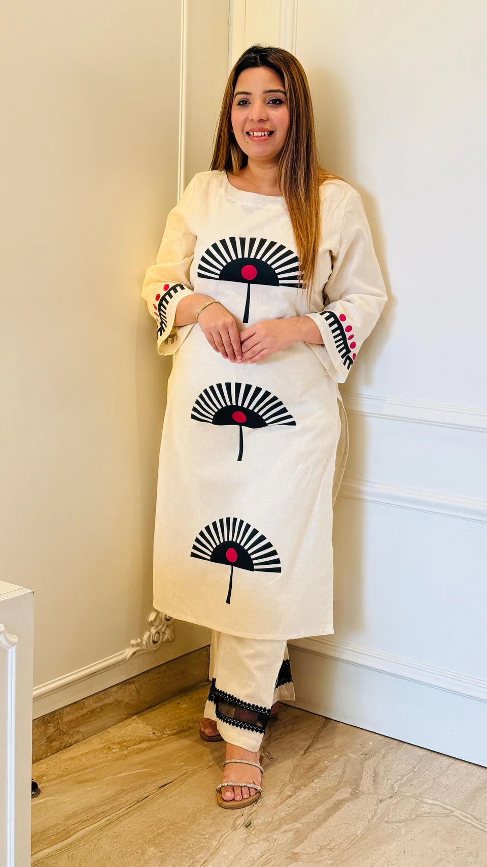 White Cotton Kurta Set with Graphic Fan Prints