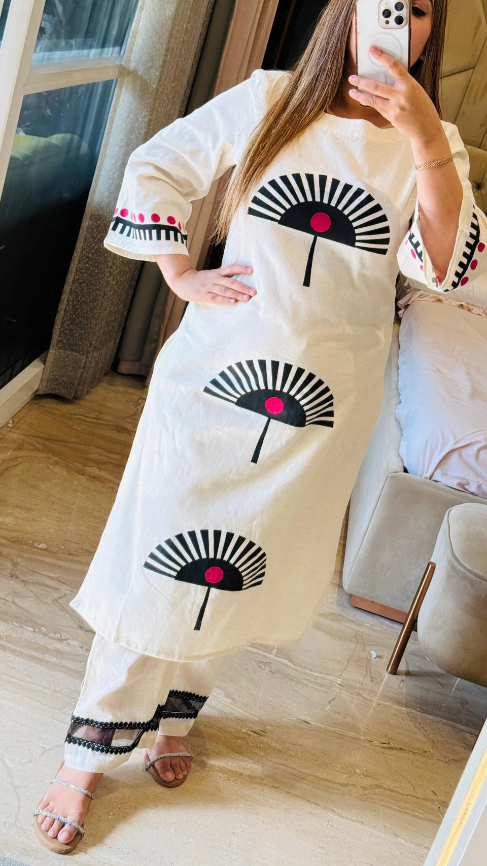 White Cotton Kurta Set with Graphic Fan Prints