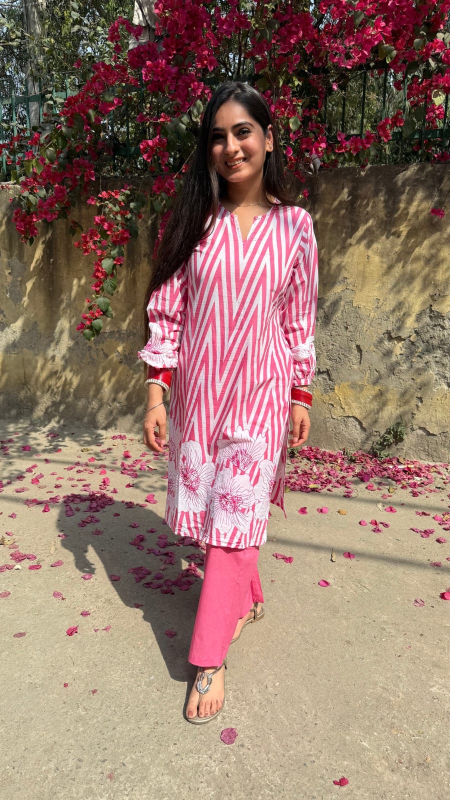 Abstract Floral Stripes Printed & Embroidered Straight Fit Kurta with Pant