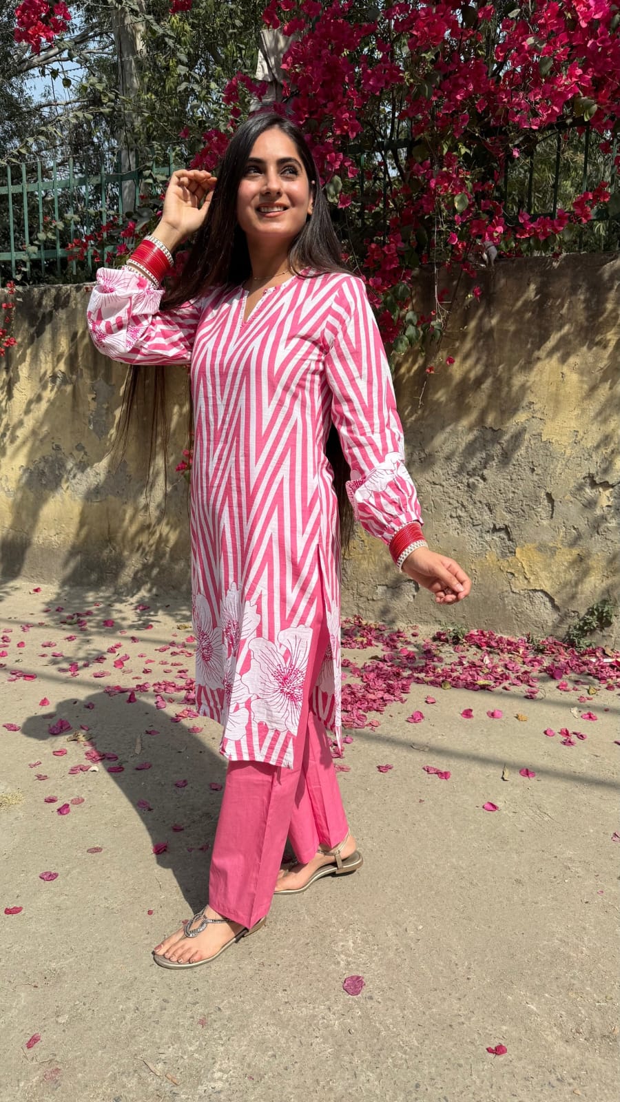 Abstract Floral Stripes Printed & Embroidered Straight Fit Kurta with Pant