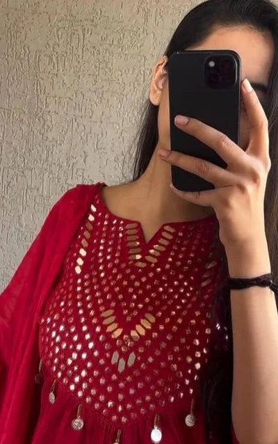 Celebration Ready Red Kurta Set with Designer Dupatta