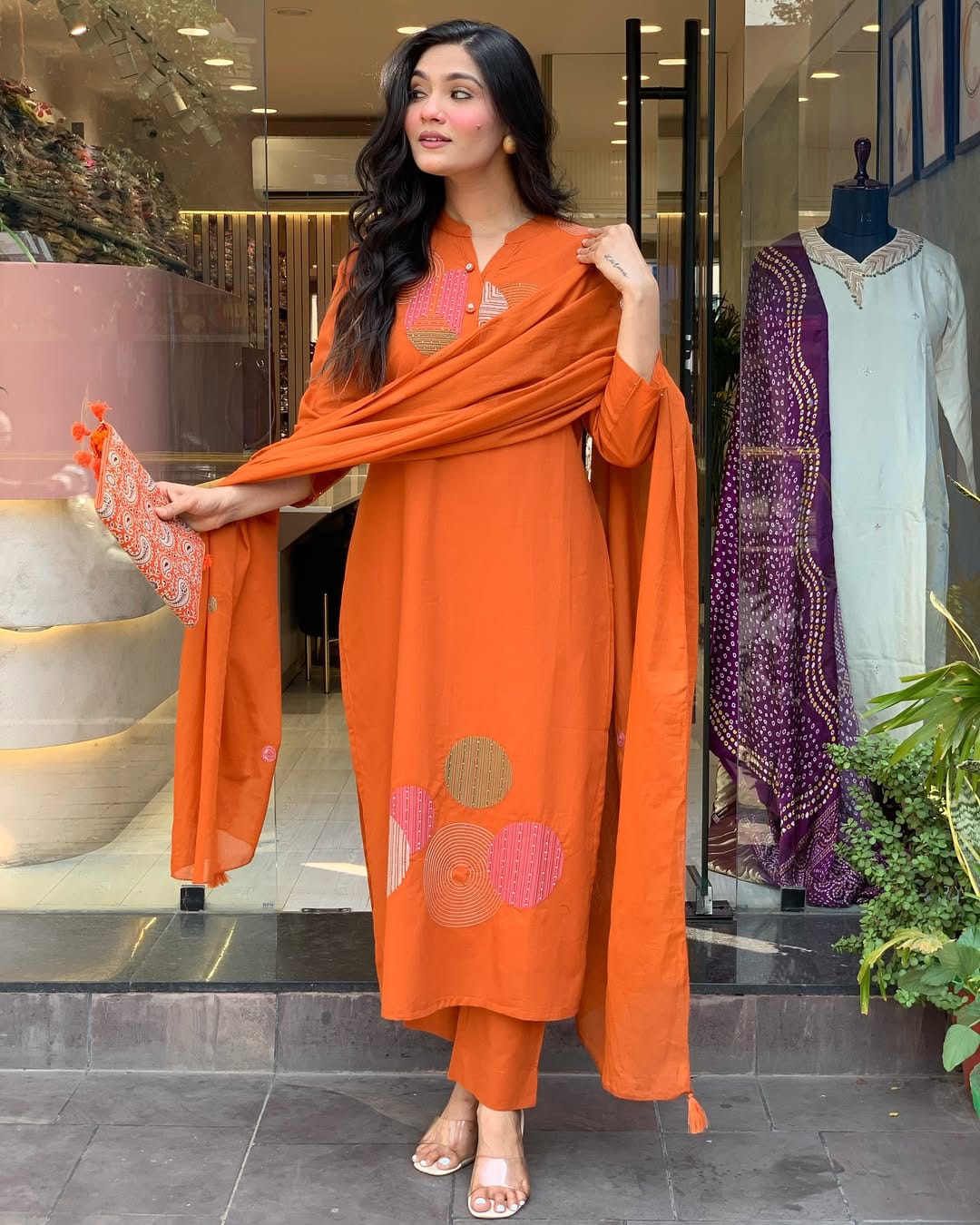 Rust Orange Handwork Cotton Suit