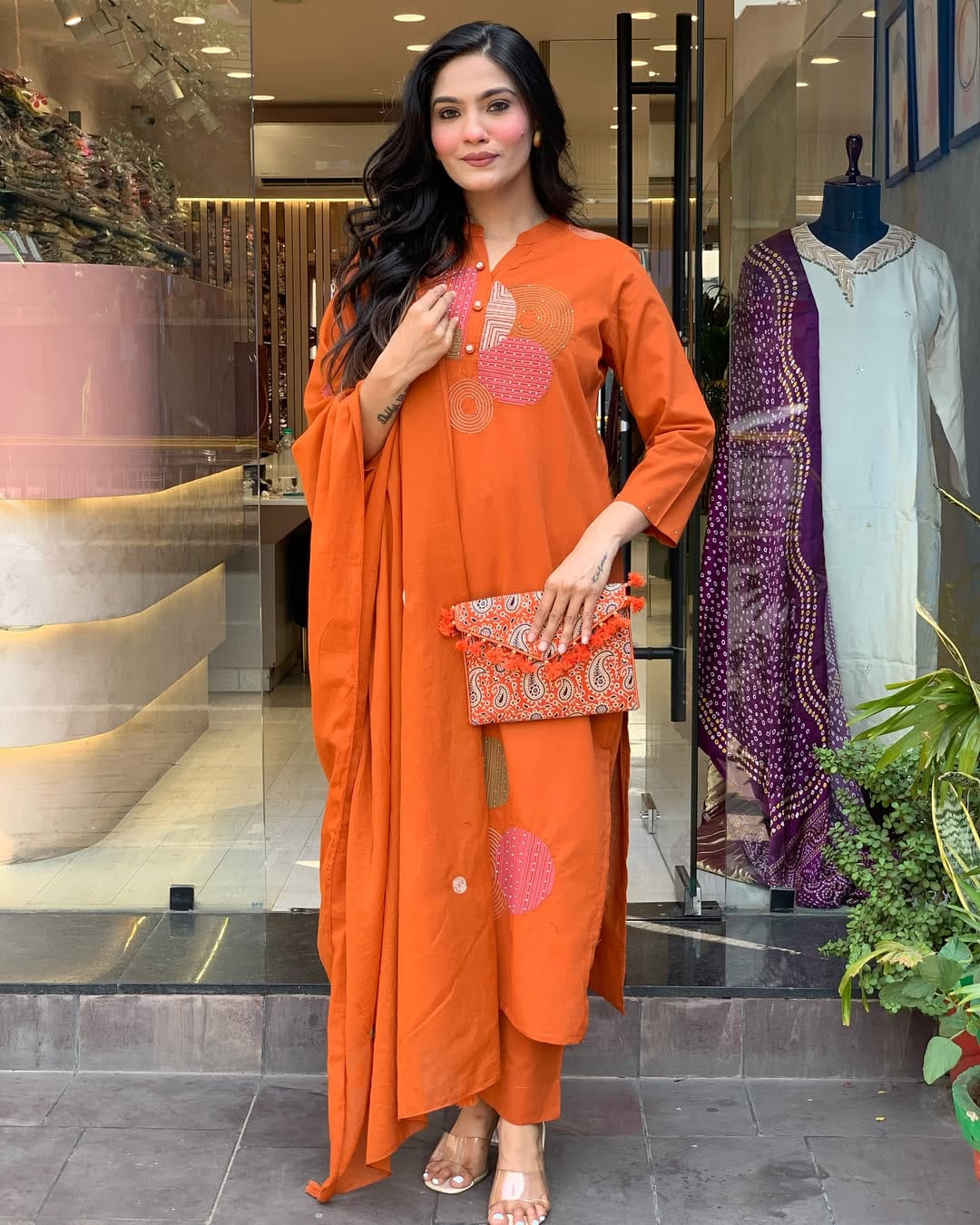 Rust Orange Handwork Cotton Suit