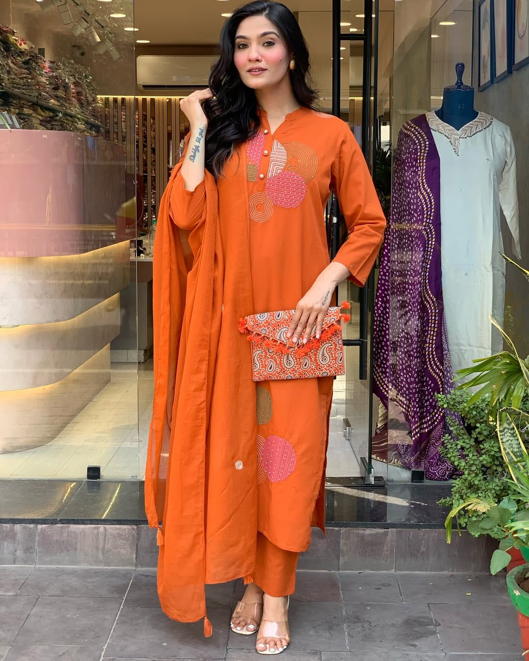 Rust Orange Handwork Cotton Suit