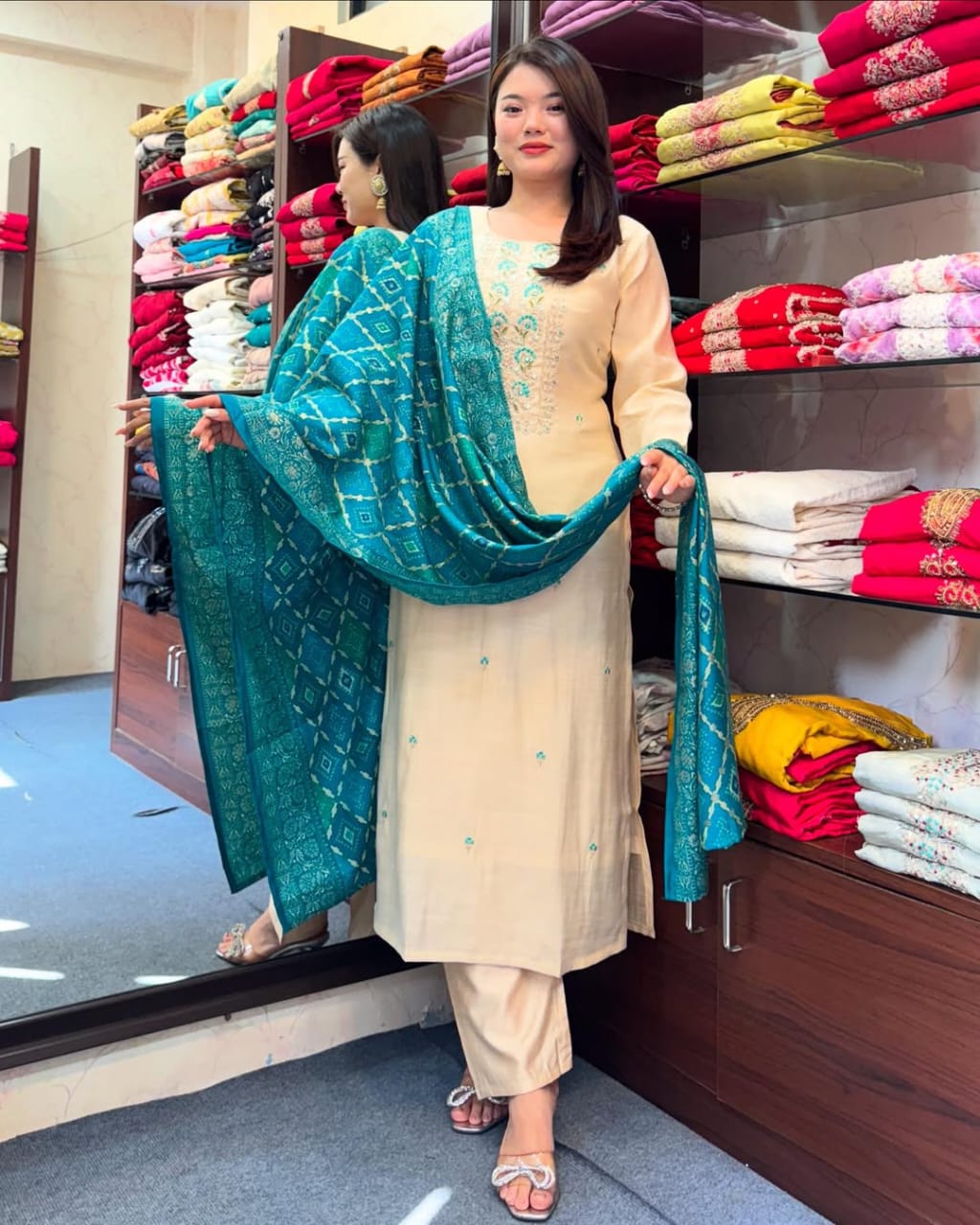 Elegant Cream Kurta Set with Blue Bandhej Dupatta