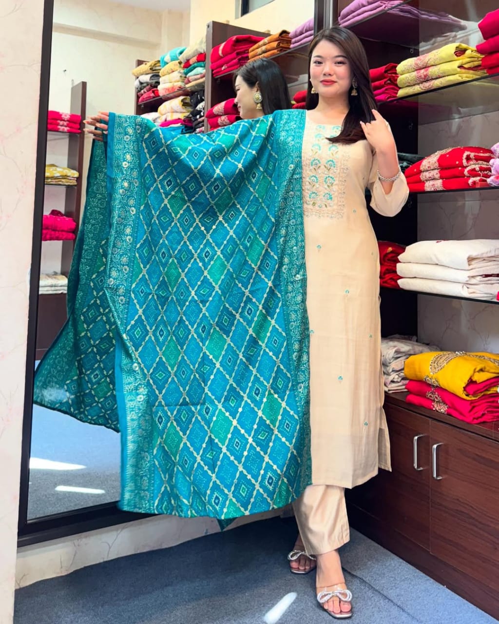Elegant Cream Kurta Set with Blue Bandhej Dupatta