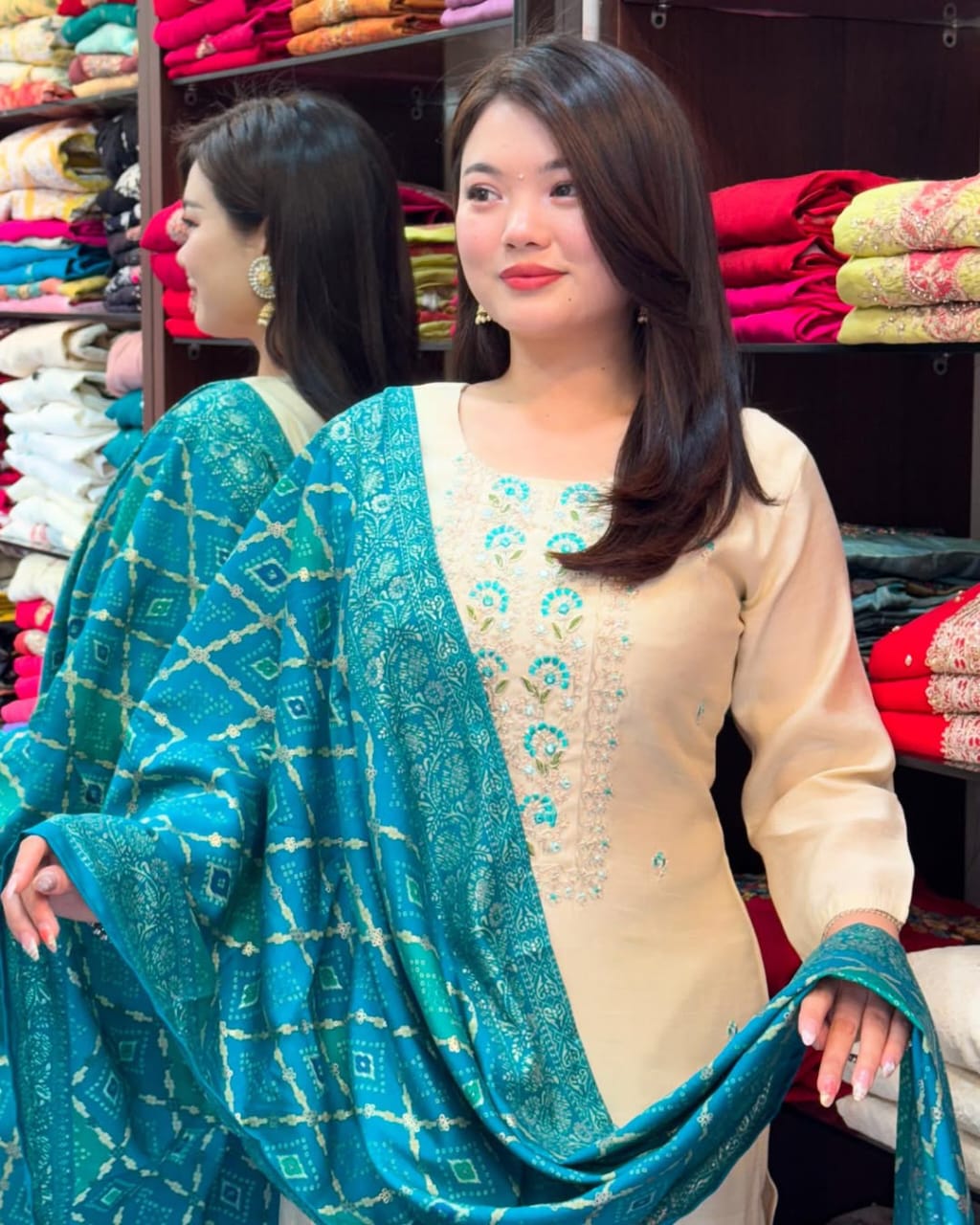 Elegant Cream Kurta Set with Blue Bandhej Dupatta
