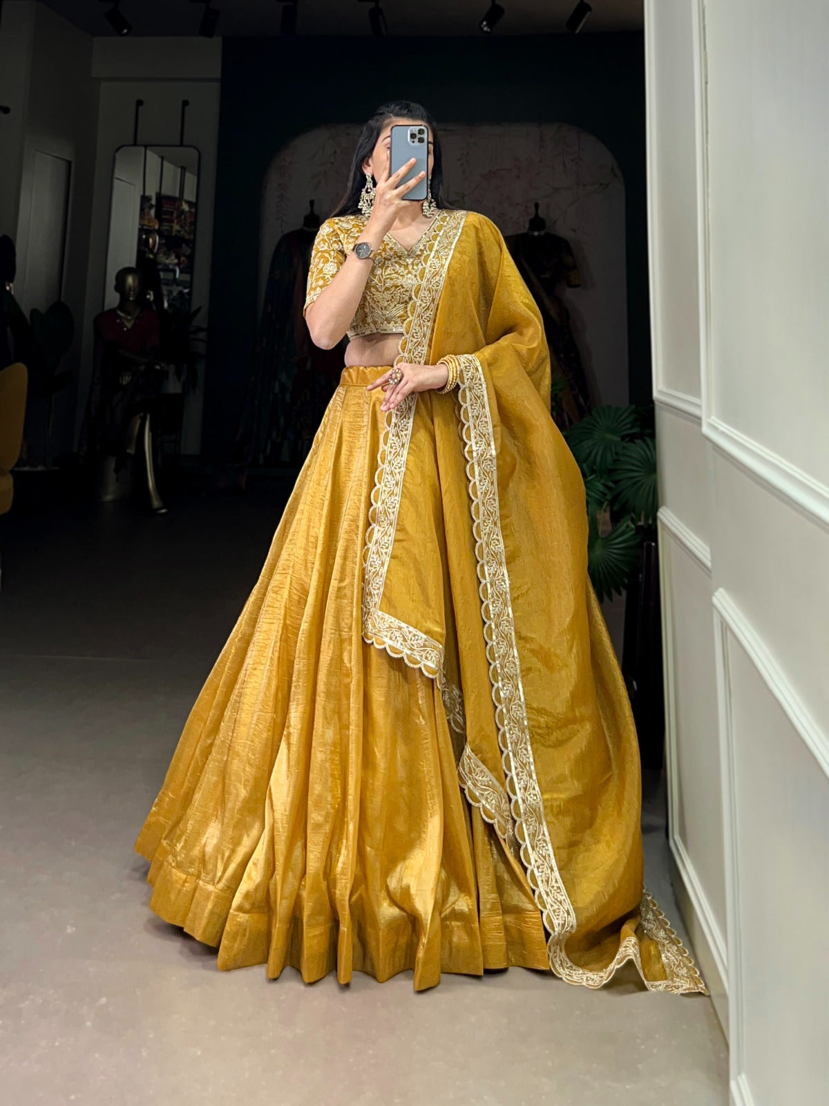 Golden Mustard Silk Lehenga Set with Intricate Thread Embroidered Blouse and Scallop Lace Dupatta