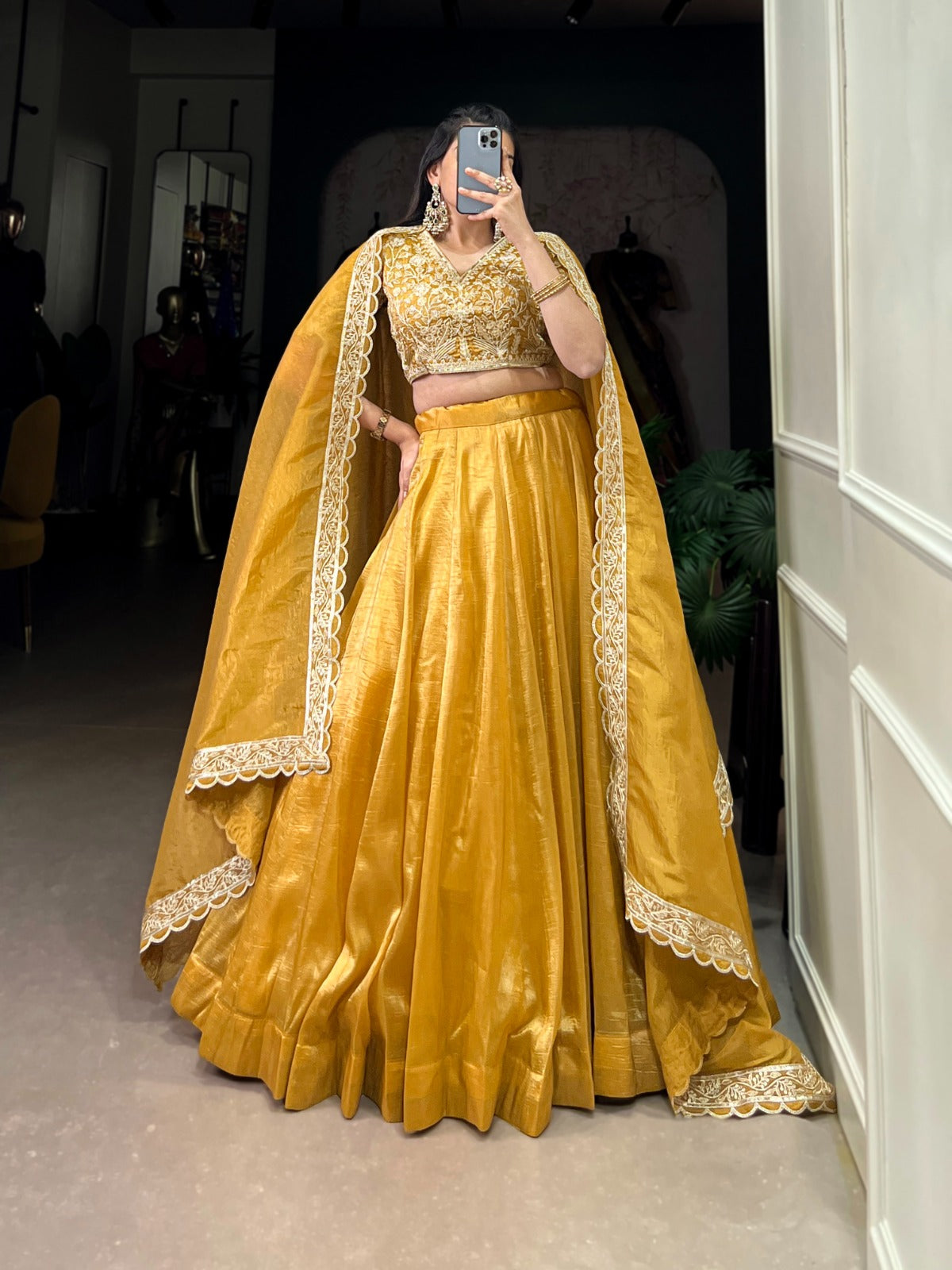 Golden Mustard Silk Lehenga Set with Intricate Thread Embroidered Blouse and Scallop Lace Dupatta