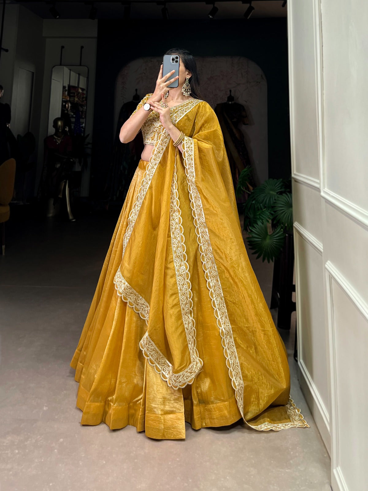 Golden Mustard Silk Lehenga Set with Intricate Thread Embroidered Blouse and Scallop Lace Dupatta