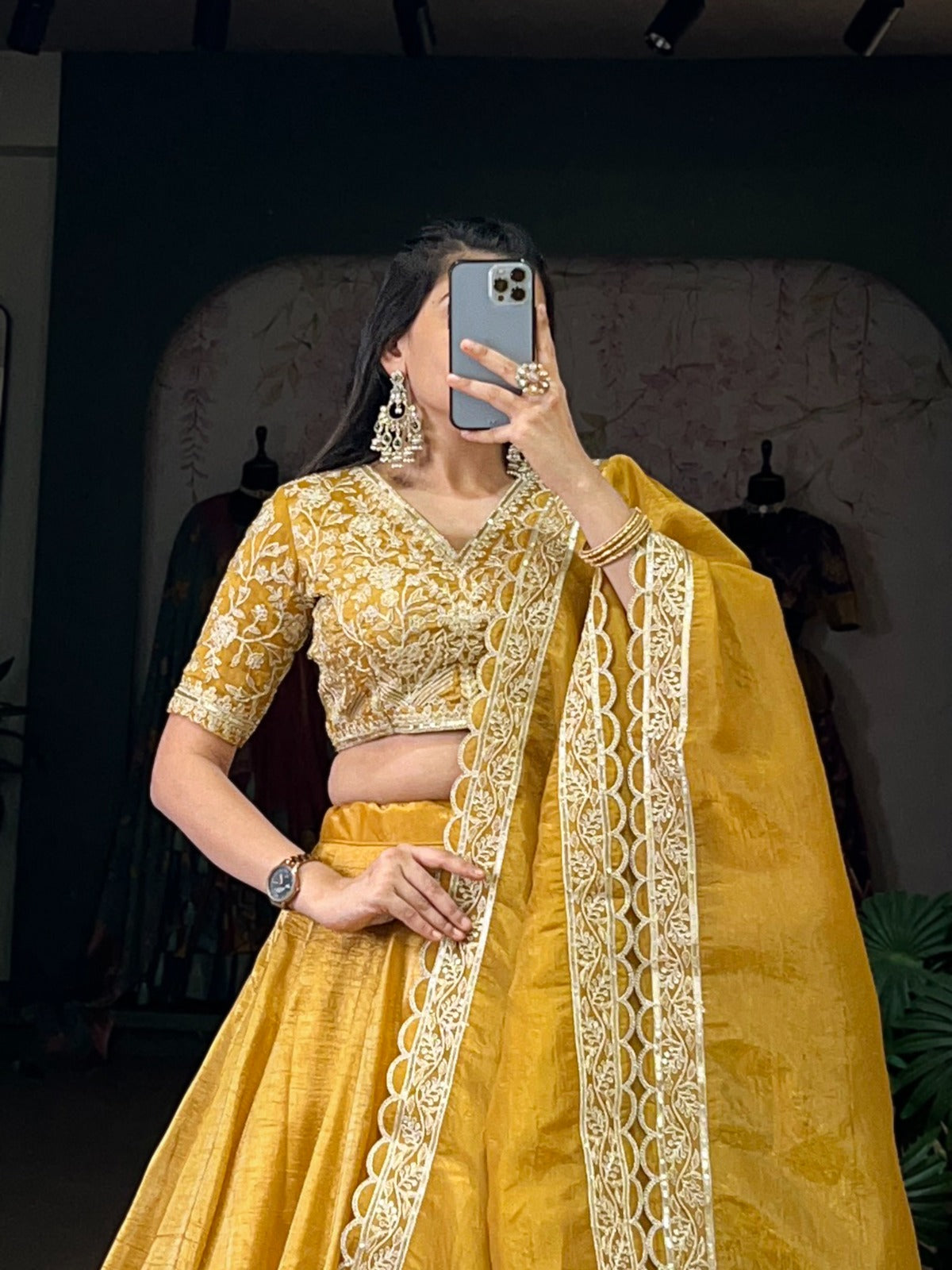 Golden Mustard Silk Lehenga Set with Intricate Thread Embroidered Blouse and Scallop Lace Dupatta