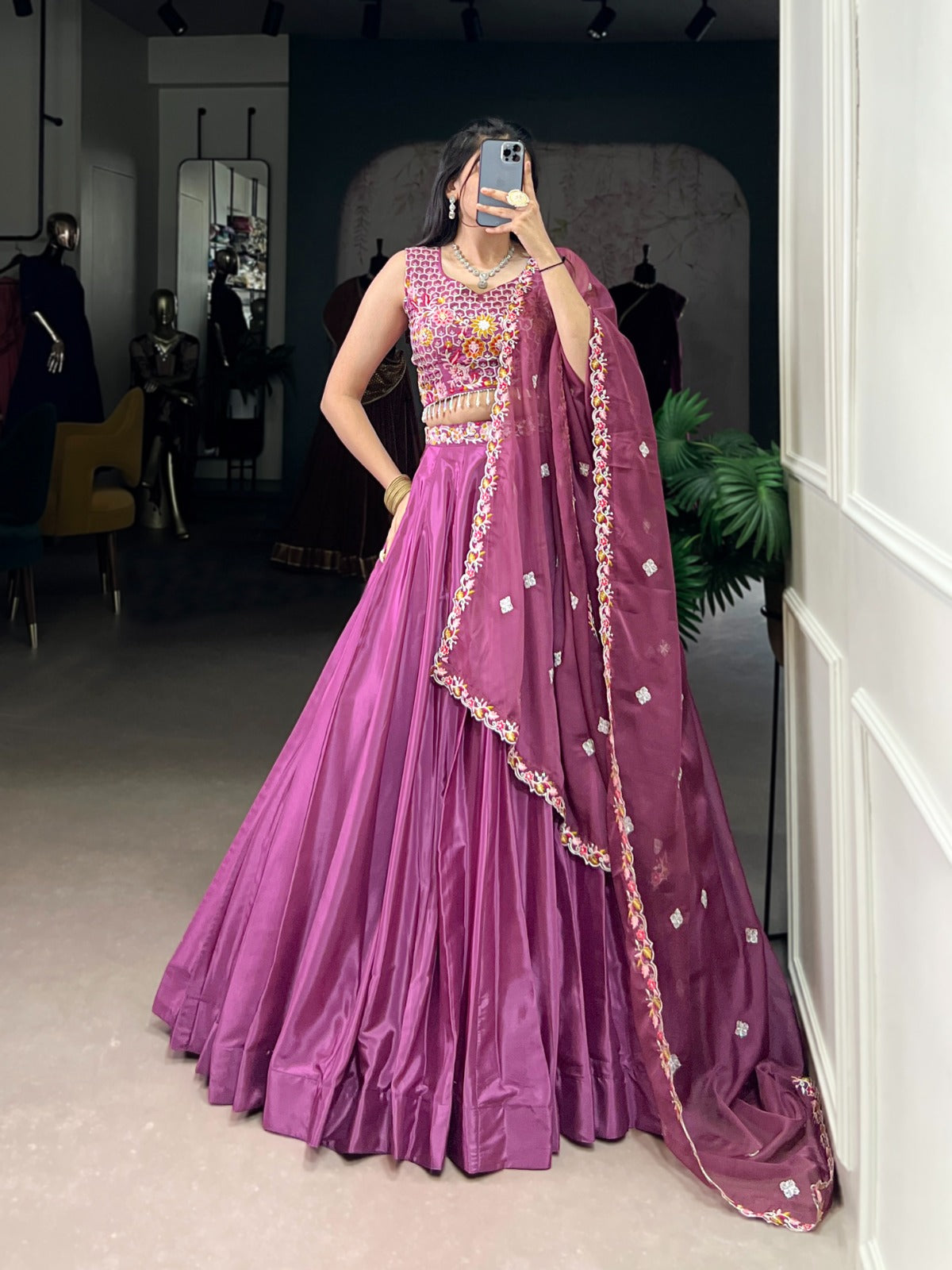 Plum Purple Satin Lehenga Set with Mirror & Thread Embroidered Blouse and Dupatta