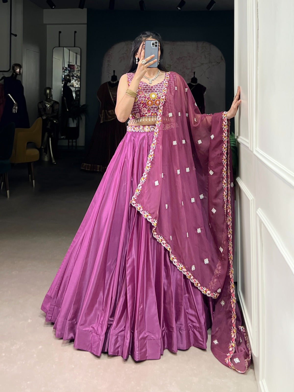 Plum Purple Satin Lehenga Set with Mirror & Thread Embroidered Blouse and Dupatta