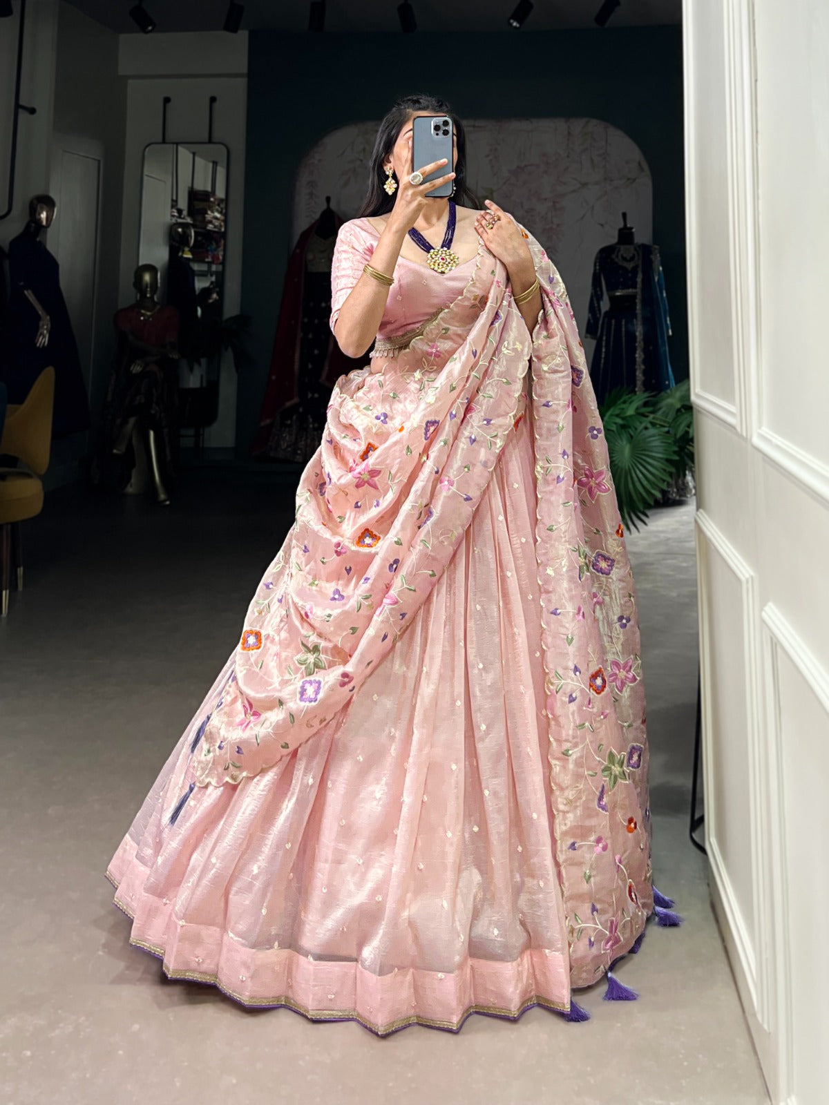 Blush Pink Organza Embroidered Lehenga Set with Floral Dupatta