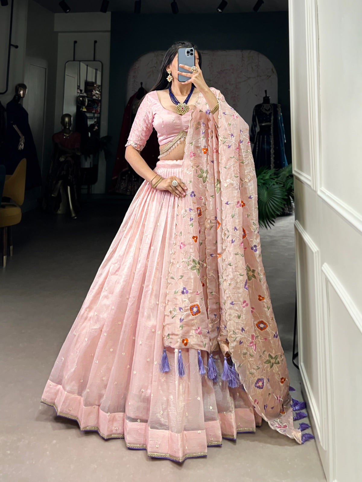 Blush Pink Organza Embroidered Lehenga Set with Floral Dupatta