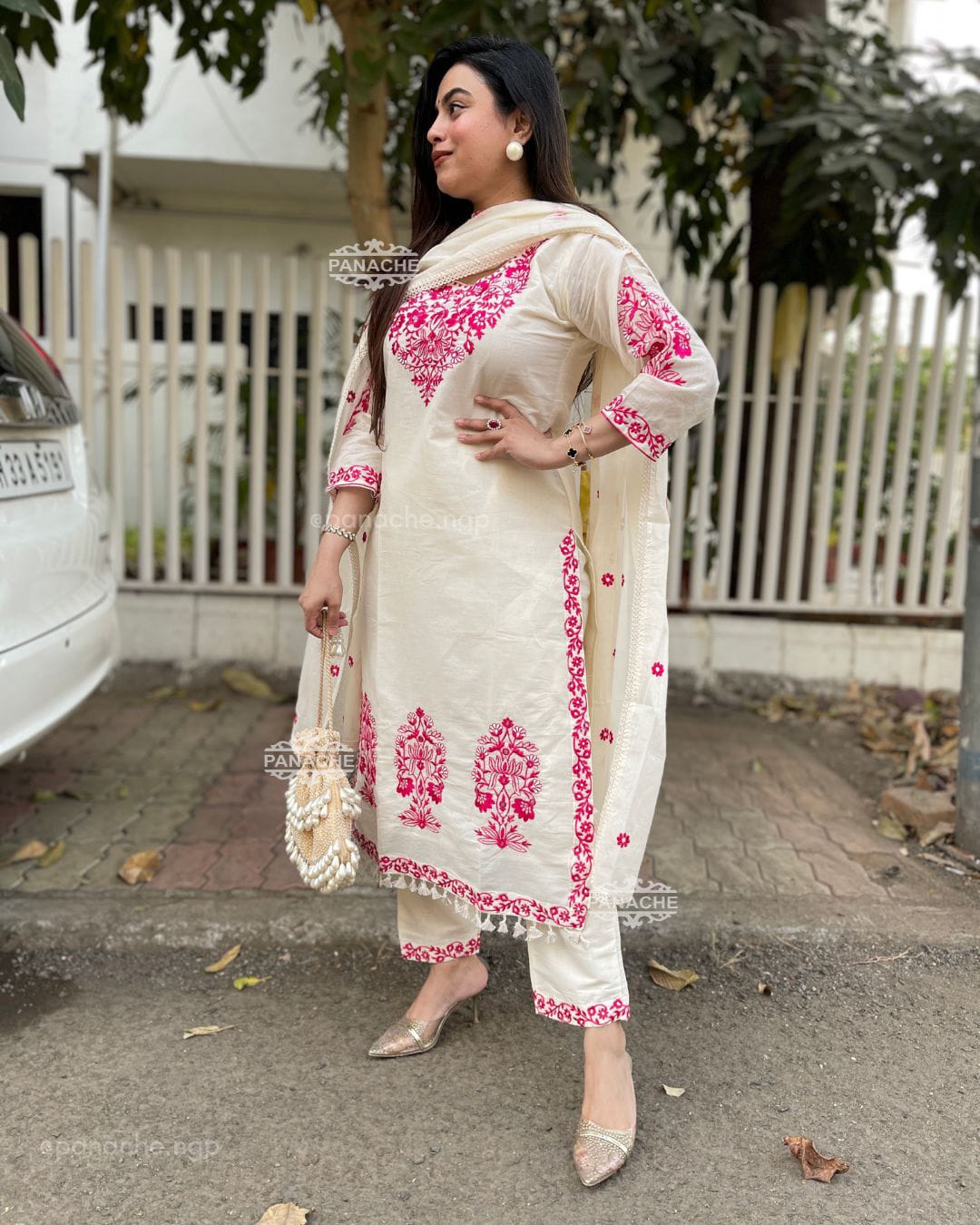 Ivory White Cotton Suit Set with Hot Pink Thread Embroidery