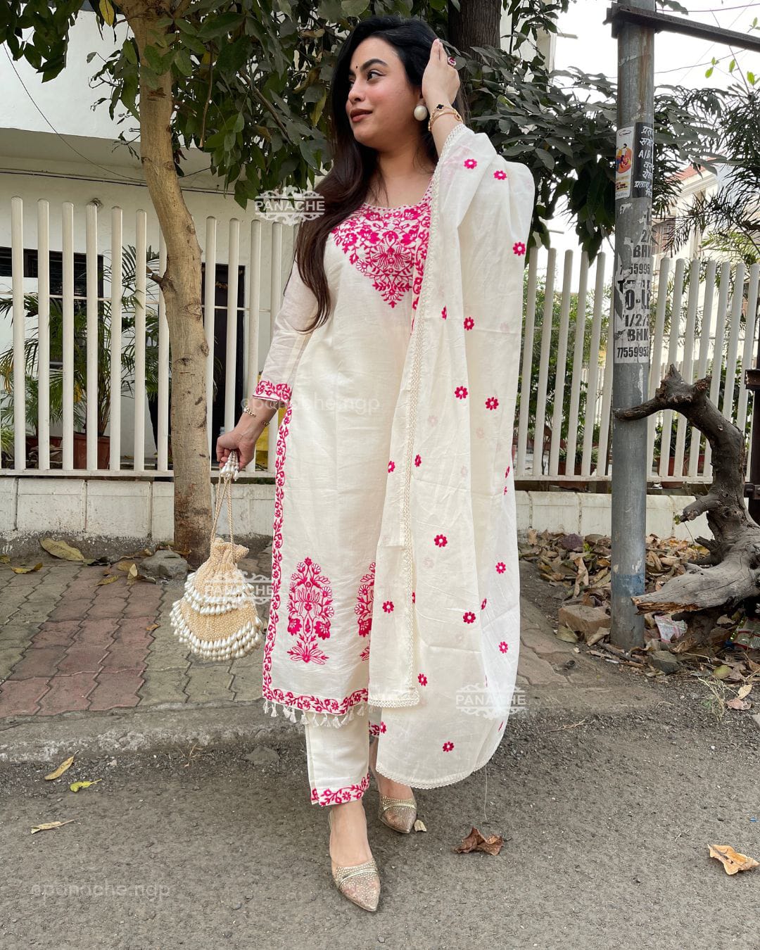 Ivory White Cotton Suit Set with Hot Pink Thread Embroidery