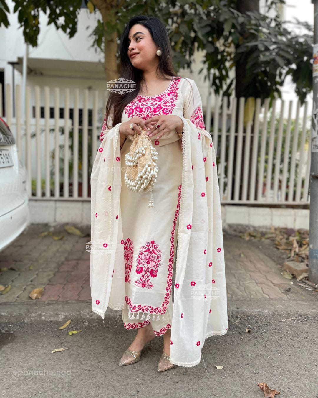 Ivory White Cotton Suit Set with Hot Pink Thread Embroidery