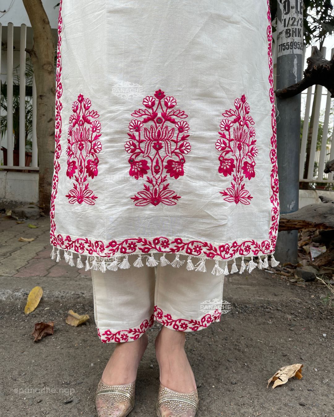 Ivory White Cotton Suit Set with Hot Pink Thread Embroidery