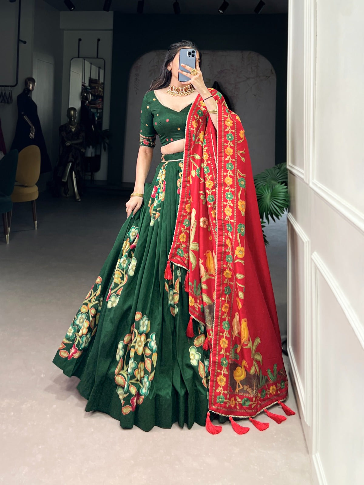 Emerald Green Floral Embroidered Lehenga Set with Red Dupatta