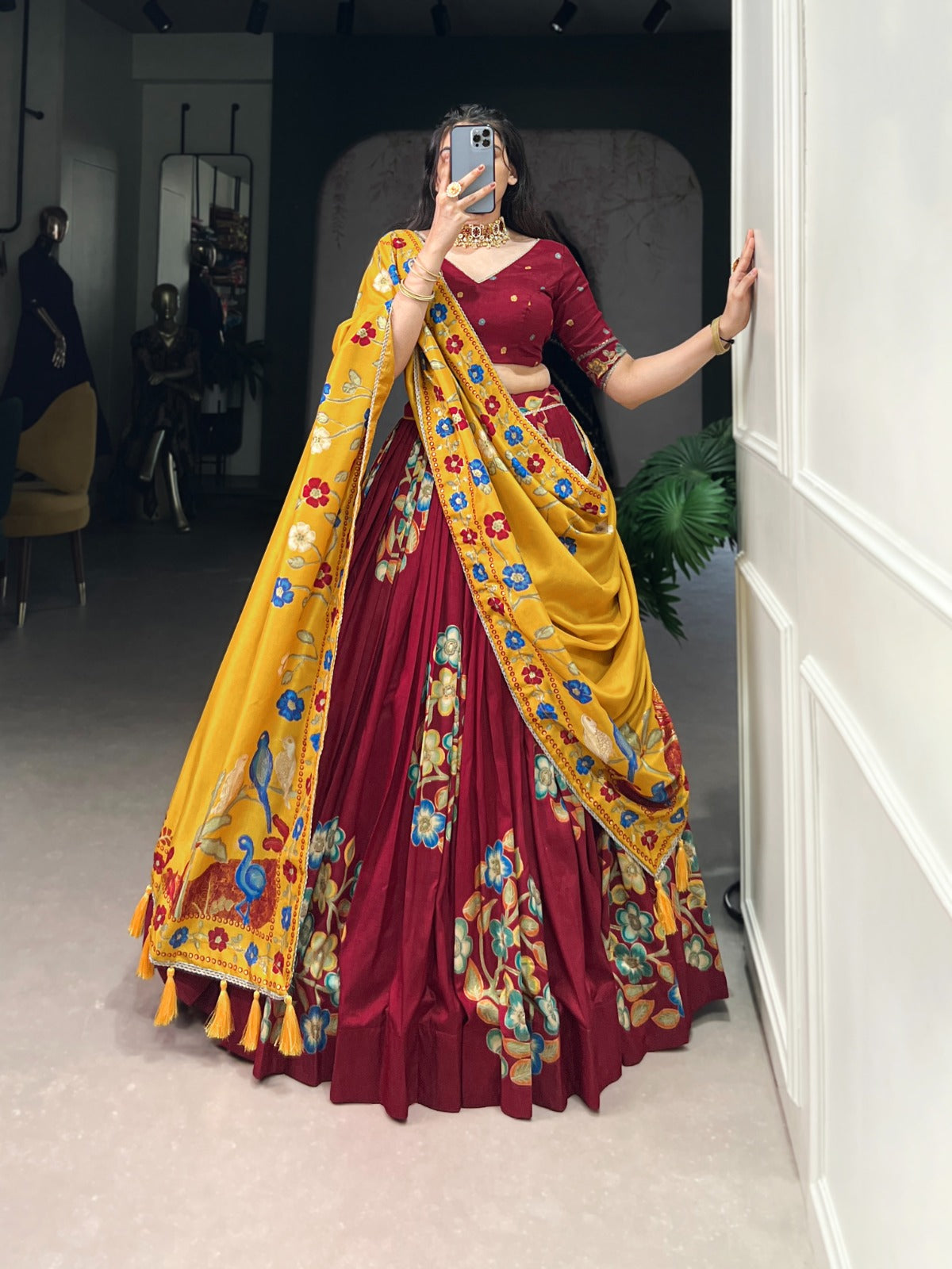 Maroon Designer Lehenga Set with Mustard Yellow Floral Dupatta