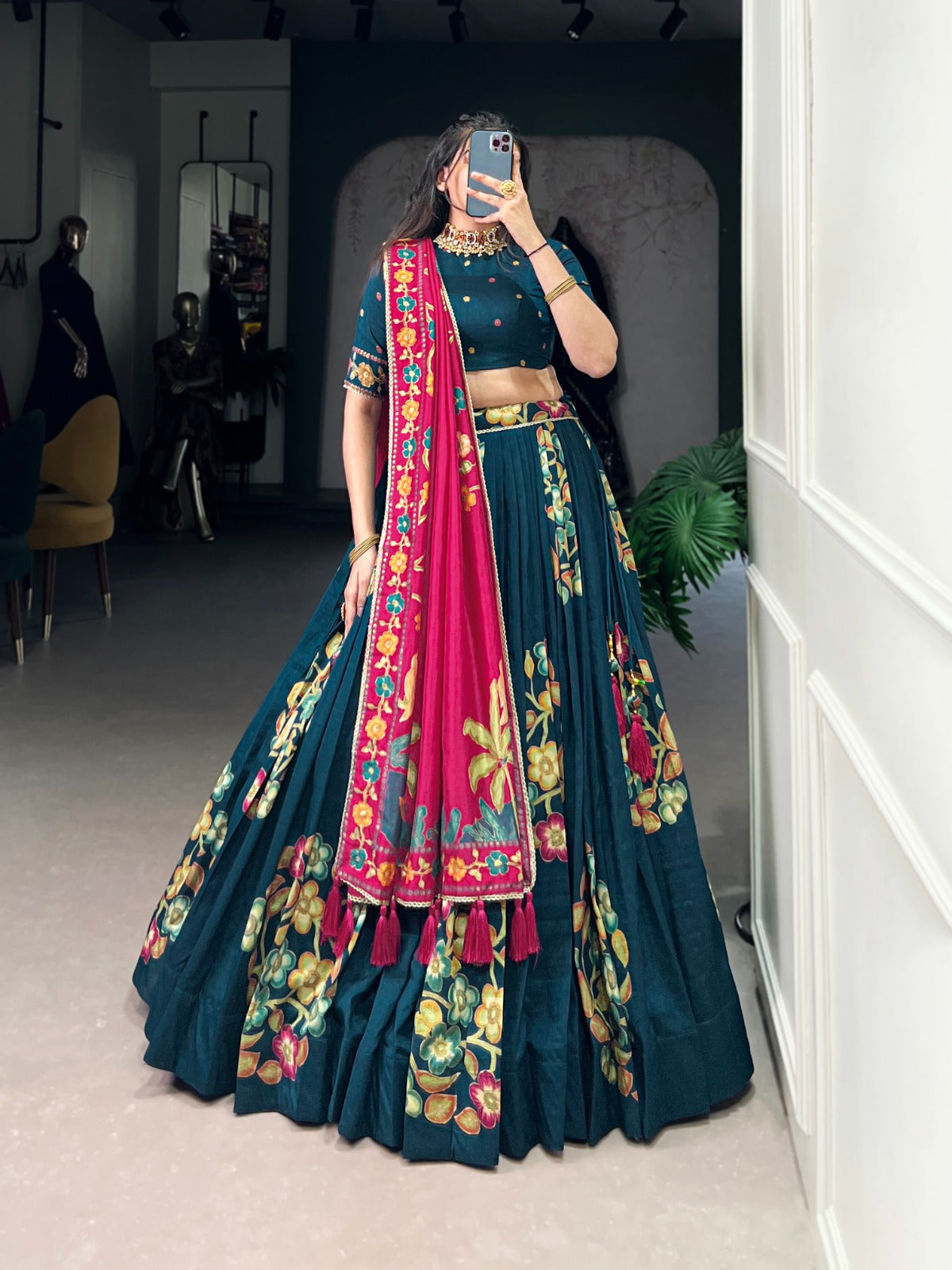 Peacock Blue Floral Embroidered Lehenga Set with Pink Dupatta